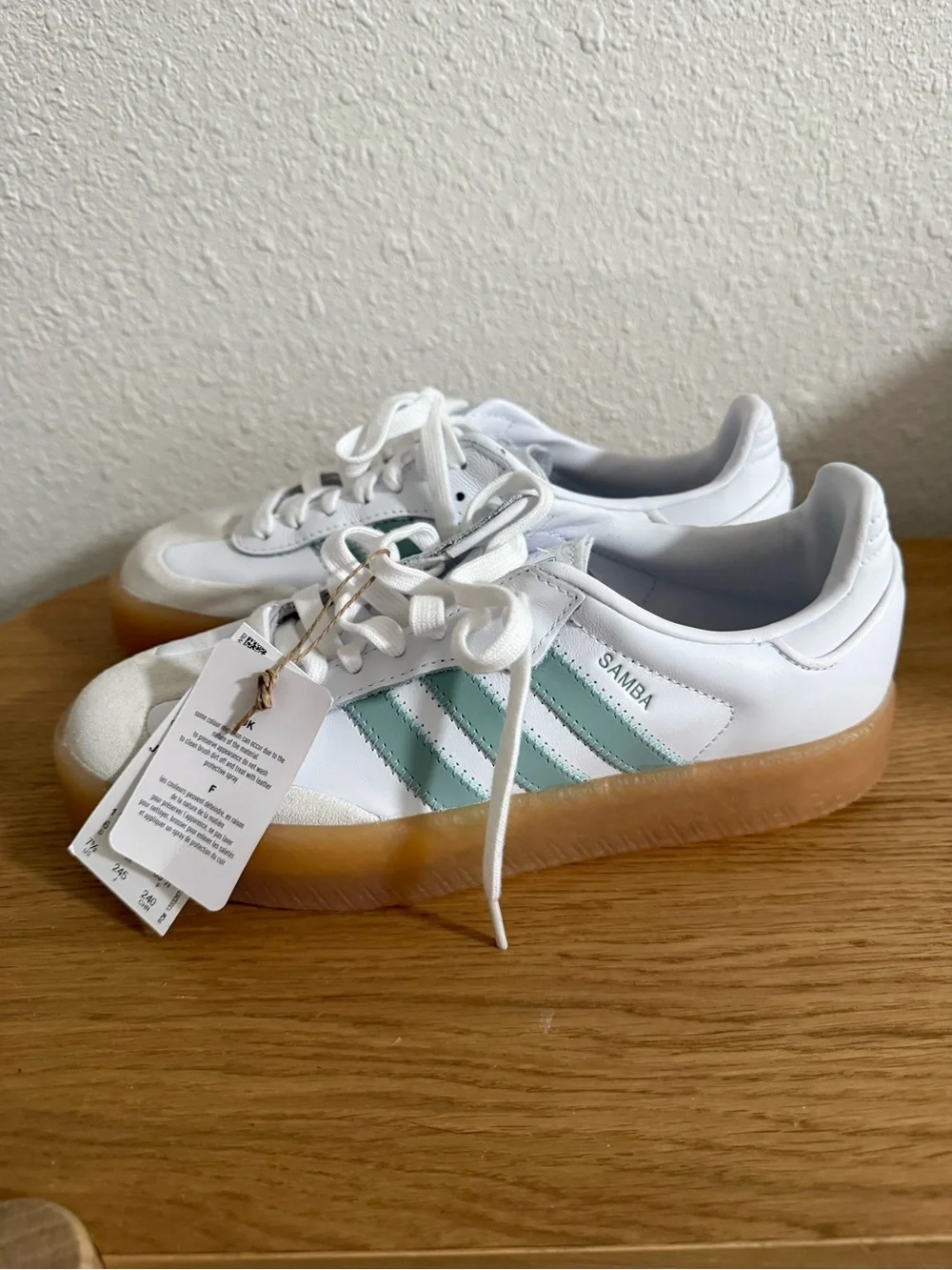 adidas Sambae W White Sneakers with Mint Green Stripes and Gum Sole - Picture 1 of 4